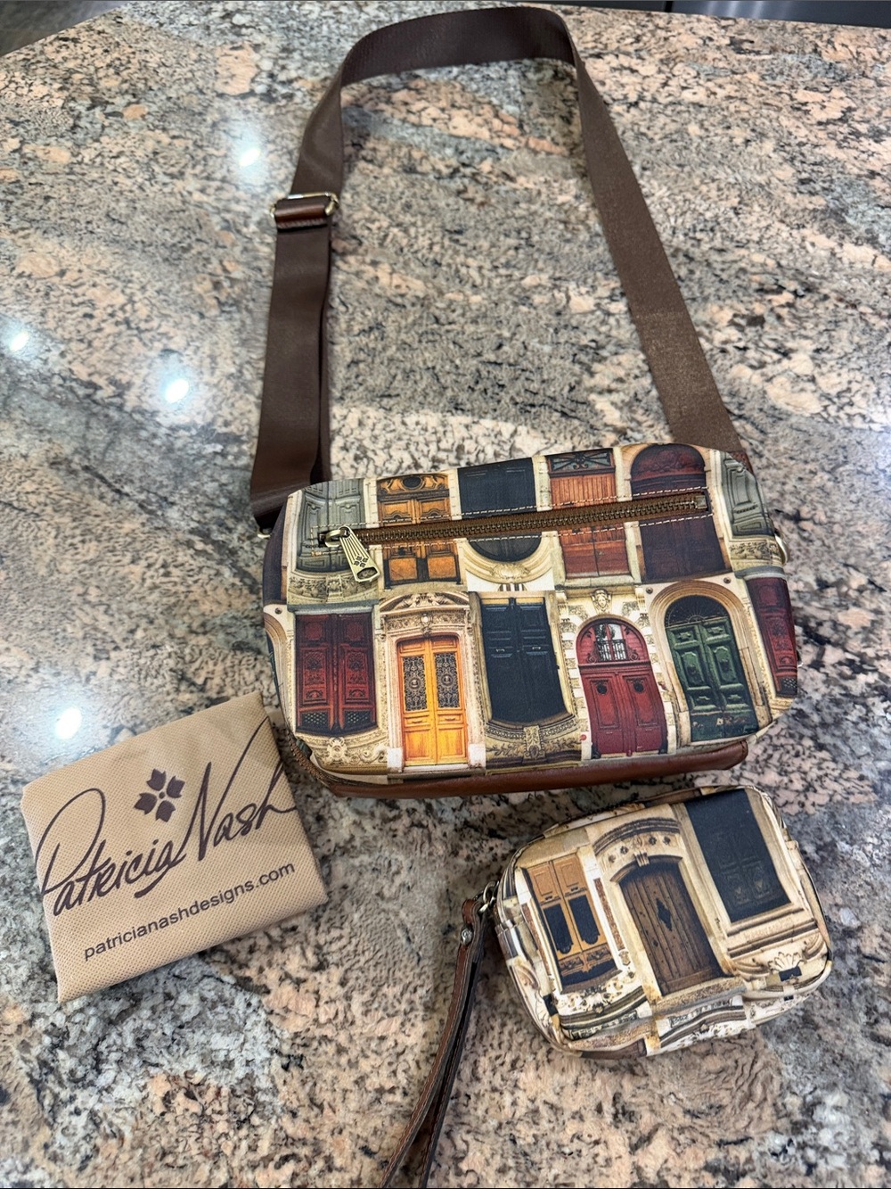 Patricia Nash Brown Multi-Door Print Belt/Crossbody Bag with Coin Pouch